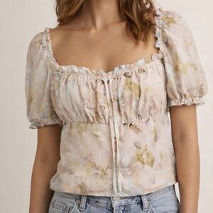Wayf Floral Puff Sleeve Blouse - Cream and Yellow